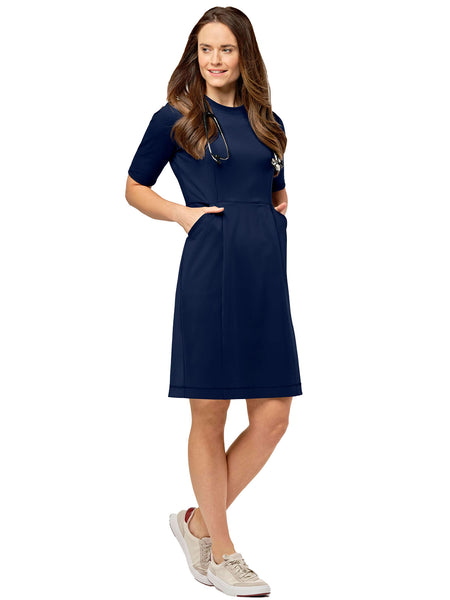 navy blue scrub dress Scrub Dresses for Women Uniforms Wrap Workwear Knee Length Casual Long Sleeve Nursing Dresses with Pockets, Navy XL